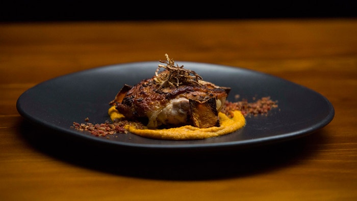 Crispy Cumin Chicken with Pumpkin Puree and Irish Ginger Chips