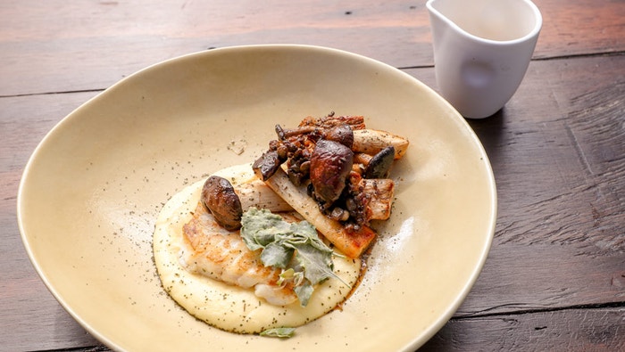 Snapper with Parsnip Puree, Mushrooms and Fish Jus