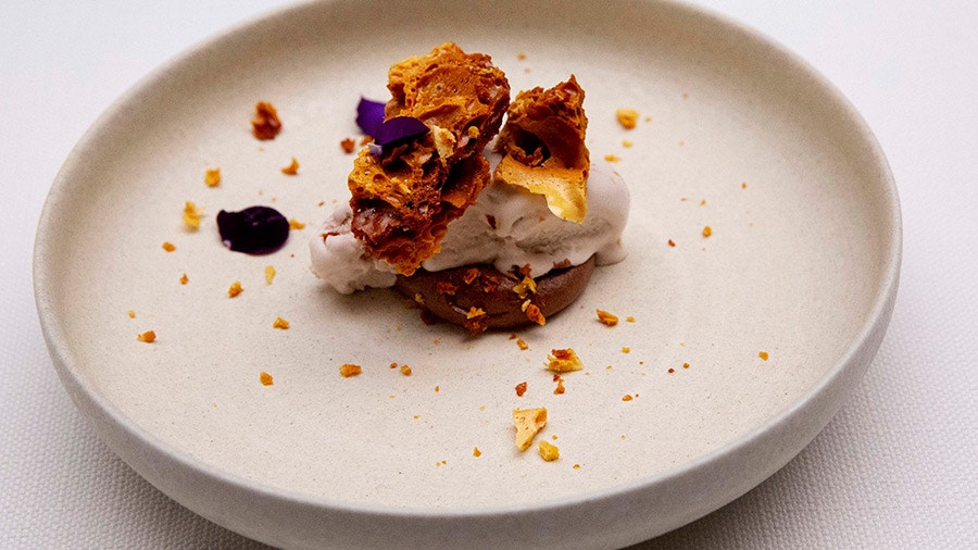 Violet Ice-Cream, Honeycomb and Dark Chocolate Mousse