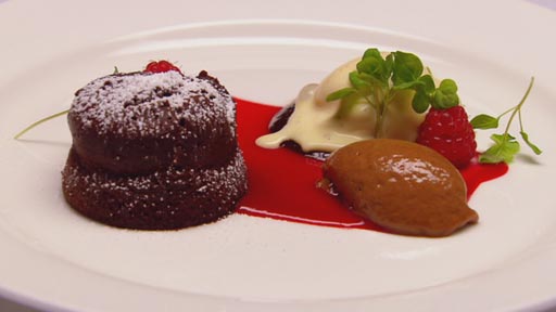 Warm Chocolate Cake, Raspberry Jam and Vanilla Bean Ice Cream