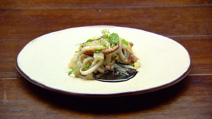 Whole Squid, Charred Calamari with Ink Sauce and Lemon Dressing