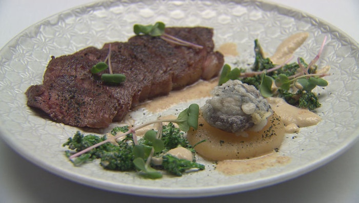 Charcoal Grilled Wagyu, Otway Shiitake, Oyster Tempura and Sesame Broccolini