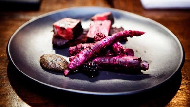 Dry Aged Beef, Black Pudding, Carrot Salad with Blackberry Dressing and Mushroom Puree