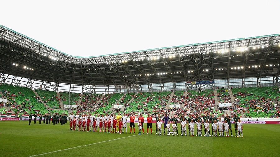 The teams line up during the International Friendly match between Hungary and Australia.