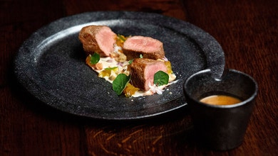 Lamb Eye Fillet with Smoked Tahini Yoghurt, Onion Marmalade and Jus