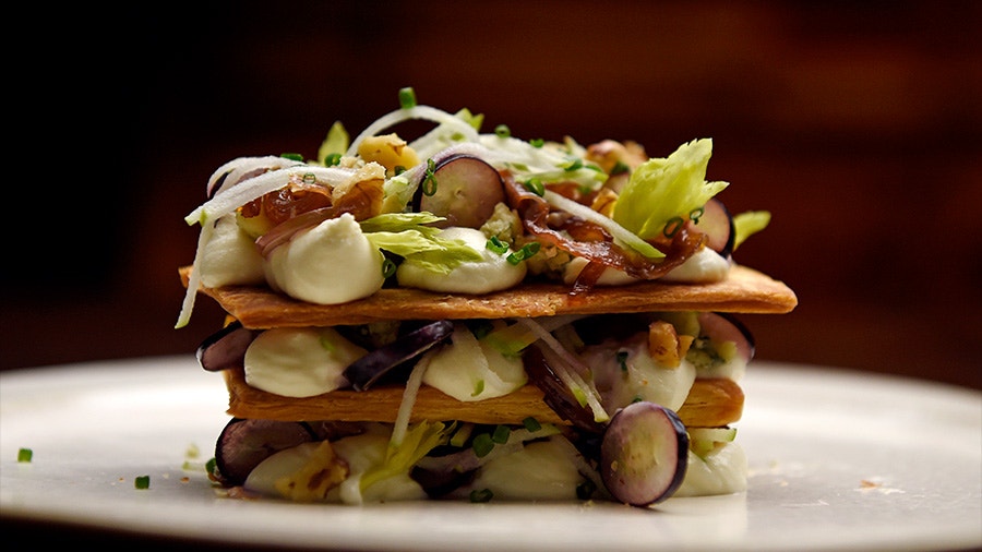 Cheese and Onion Mille-Feuille with Fresh Apple and Grapes