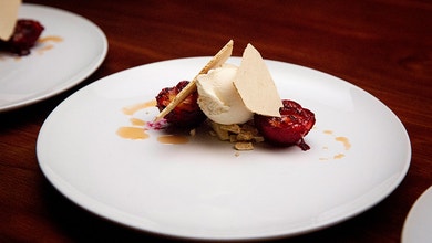 Smoked Vanilla Ice Cream with Poached Plums