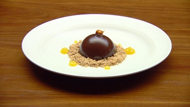 Chocolate Mousse with Passionfruit Jelly and Hazelnut Crumb