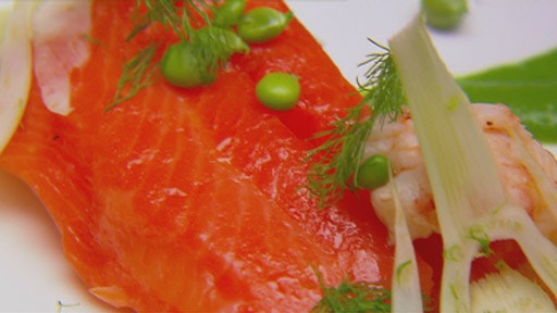 Confit of Ocean Trout with Pea Puree Poached Yabbies, Yabby Oil, Fresh Fennel and Snow Peas