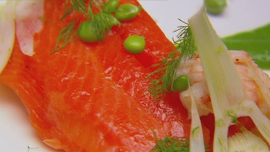 Confit of Ocean Trout with Pea Puree Poached Yabbies, Yabby Oil, Fresh Fennel and Snow Peas