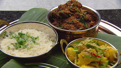 Chicken Rendang with Coconut Rice, Pineapple Cucumber Achar and Roti Jala