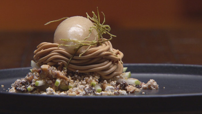 Buttermilk poached pear, walnut, caramel, roast chocolate & pear sorbet.