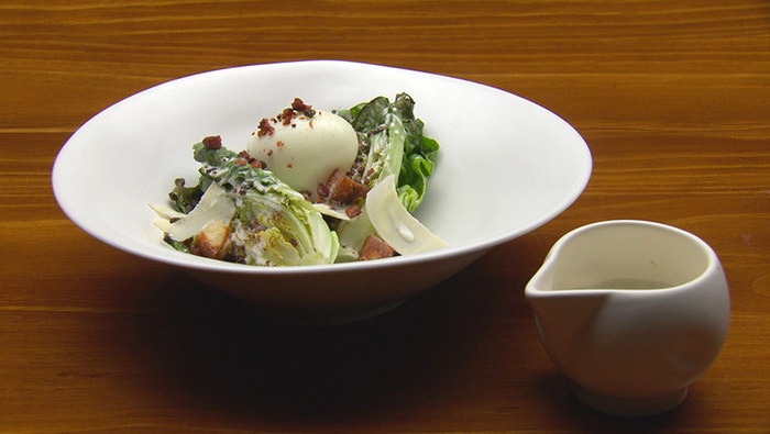 Caesar Salad with Soft Boiled Egg, Chorizo and Grilled Lettuce