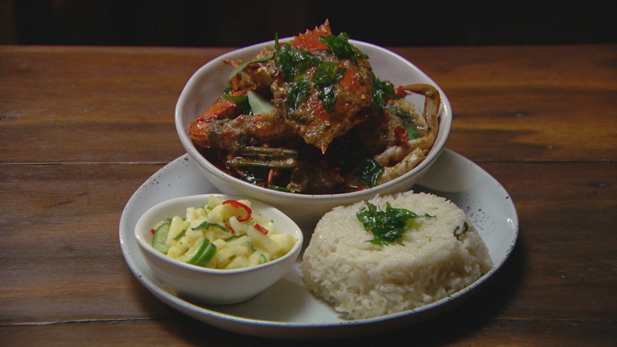 Sri Lankan Crab Curry with Coconut Rice and Pineapple Salad