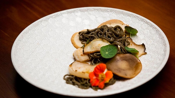 Abalone, Mushrooms and Green Tea Noodles