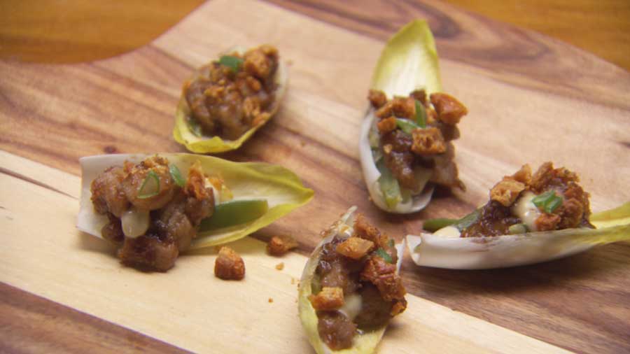 Endive Cups with Pork, Date, Pigface and Anchovy Mayonnaise