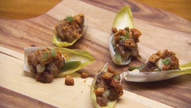 Endive Cups with Pork, Date, Pigface and Anchovy Mayonnaise