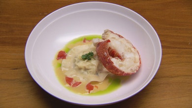 Lobster Cream, Coriander and Lobster Ravioli, Coriander Oil, Poached Lobster Tail, Confit Tomato