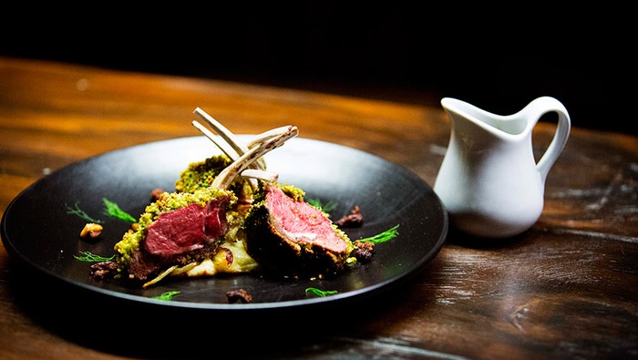 Parmesan and Pistachio Crusted Lamb Rack, Parsnip Puree, Butter Fennel