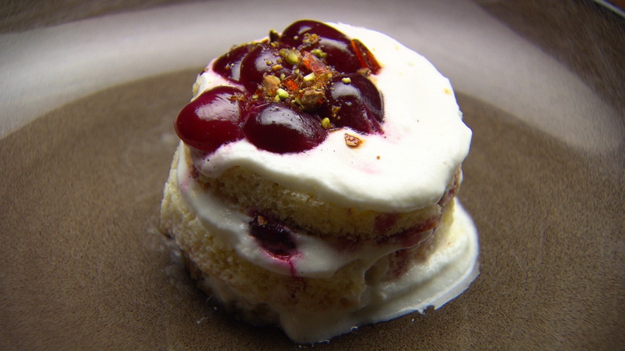 Vanilla Cherry Layer Cake with Greek Yoghurt Mousse