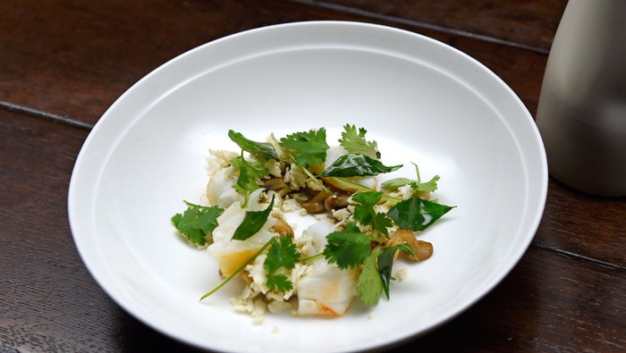 Roasted Crayfish with Asian Mushrooms with Coconut and Armagnac Sauce