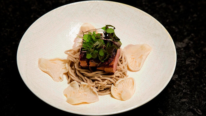 Tea Smoked Duck Breast with Duck Broth and Soba Noodles