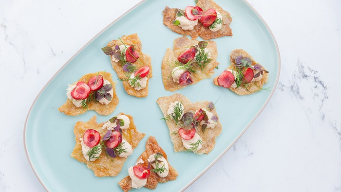 Chicken Skin Crackers with Salmon Pate and Sour Cherries