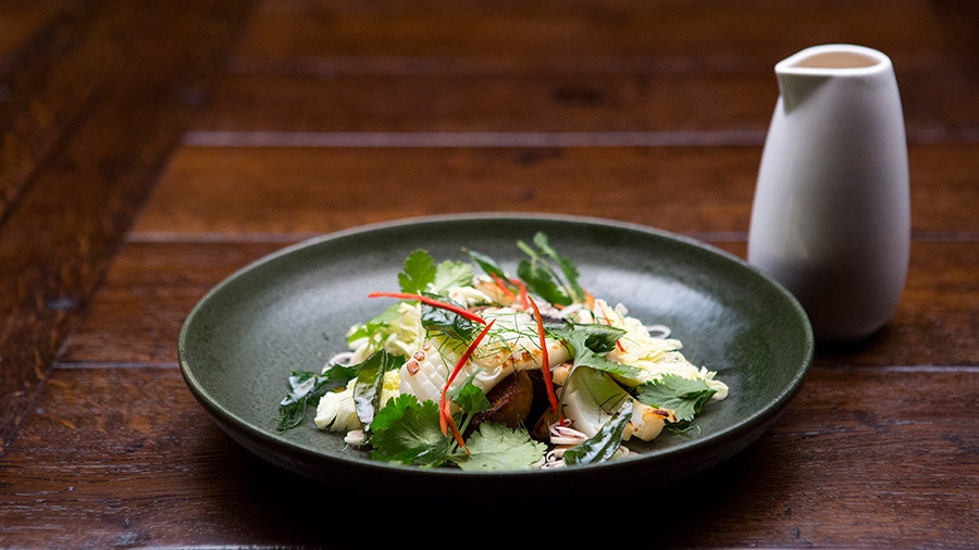 Matt Sinclair’s Smoked Thai Sausage with Chargrilled Squid and Sour Orange