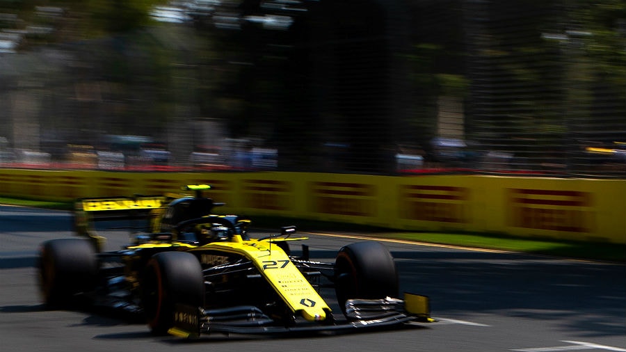 Renaults German driver Nico Hulkenberg speeds through a corner during the third Formula One practice session