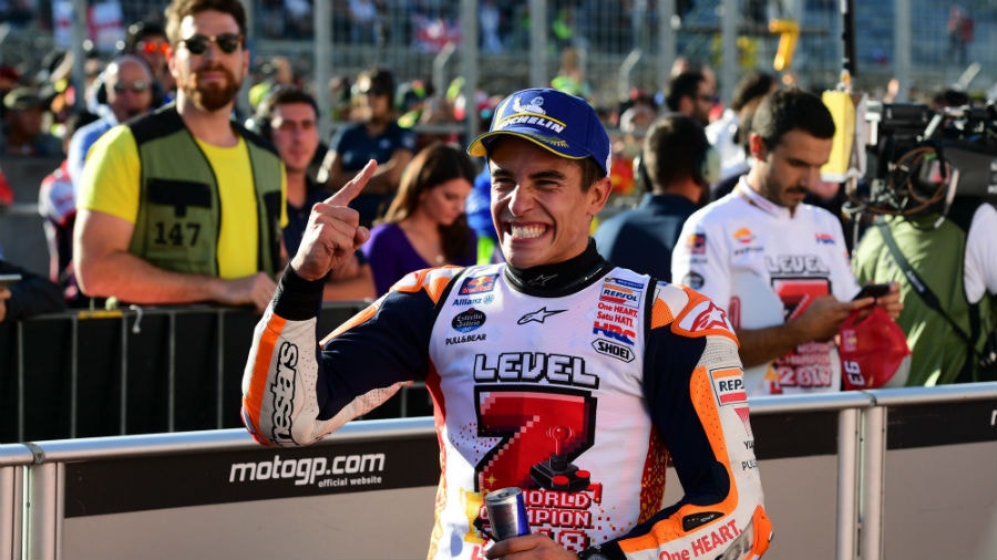 Repsol Honda Team Spanish rider Marc Marquez celebrates in the pits