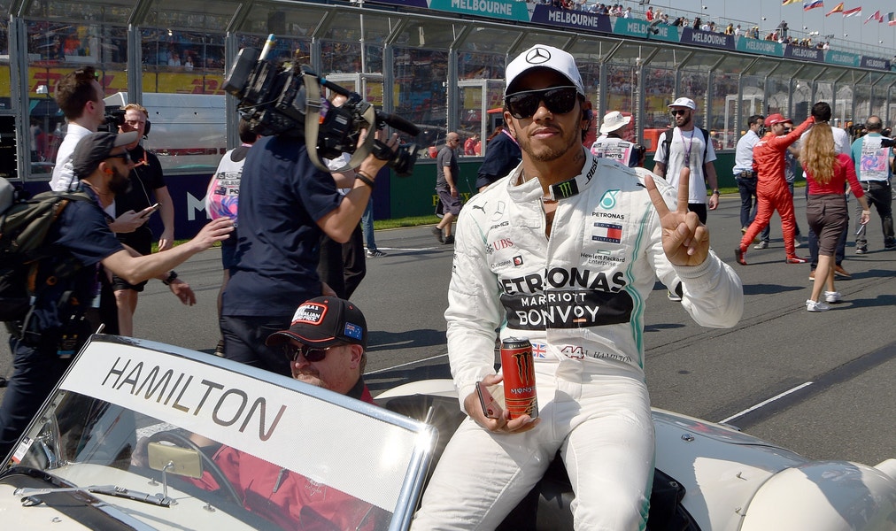 Mercedes British driver Lewis Hamilton takes part in the drivers parade