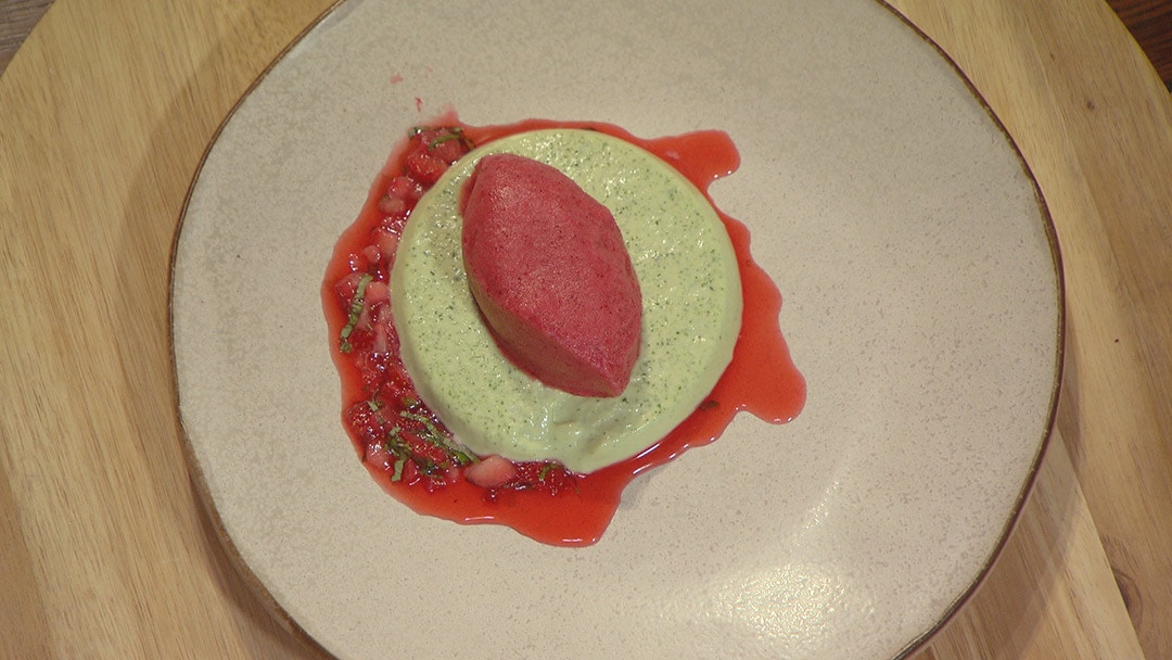 Basil Panna Cotta, Plum Sorbet and Strawberry Compote