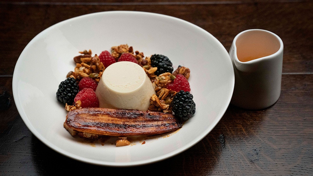 Breakfast Panna Cotta with Honey and Ginger Caramelised Banana and Granola