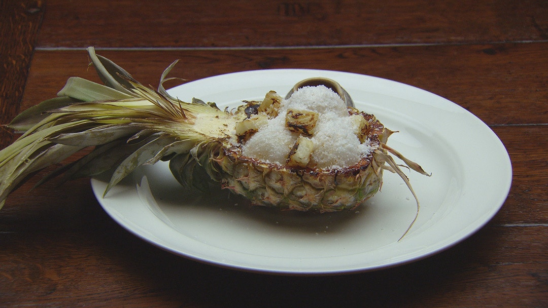 Sticky Rice Balls with Date and Honey Filling and Coconut Ice Cream