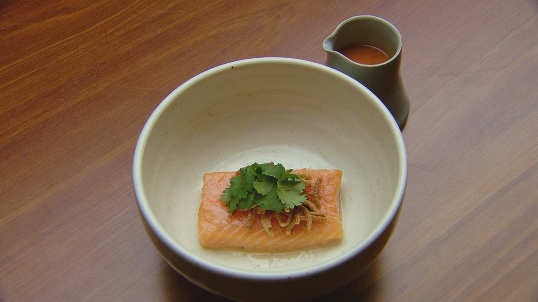 Confit Salmon with Tomato and Crispy Noodles