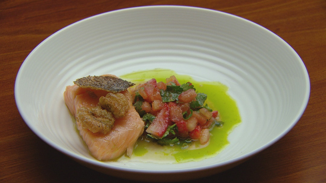 Confit Salmon with Tempura Skin and Strawberry and Tomato Salsa