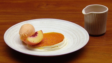 Creme Fraiche Parfait with Peach Sorbet, Poached Peach and Peach Syrup