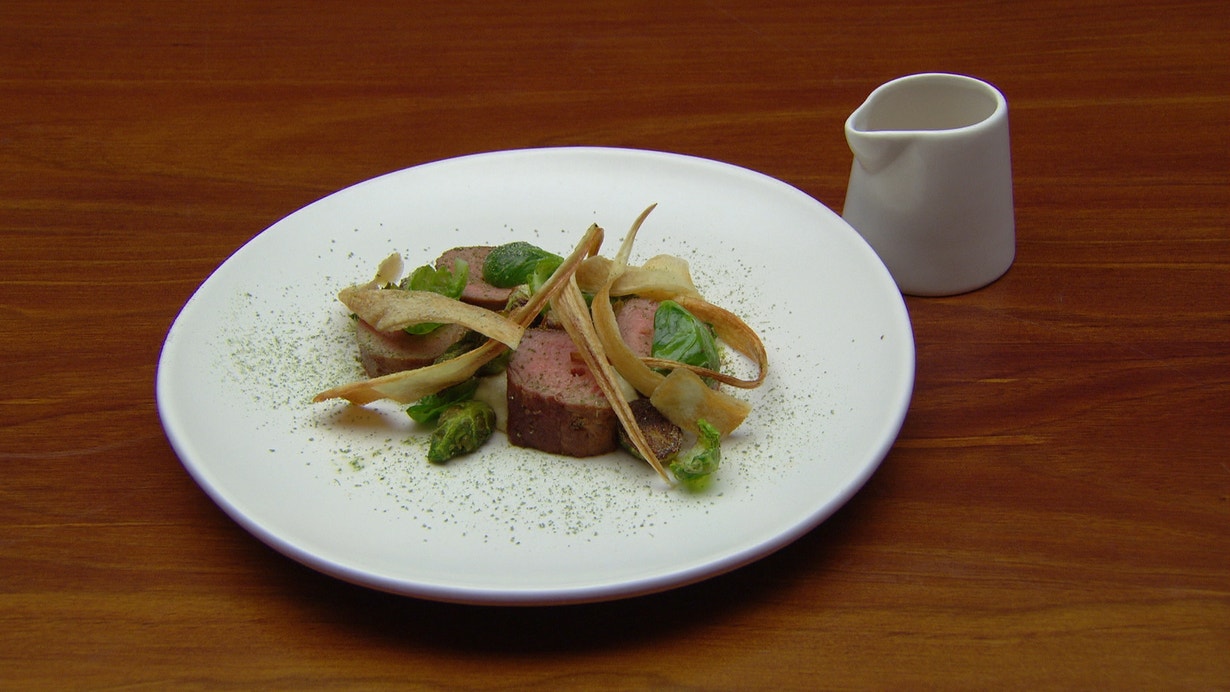 Lamb with Leek and Parsnip Puree and Brussels Sprouts