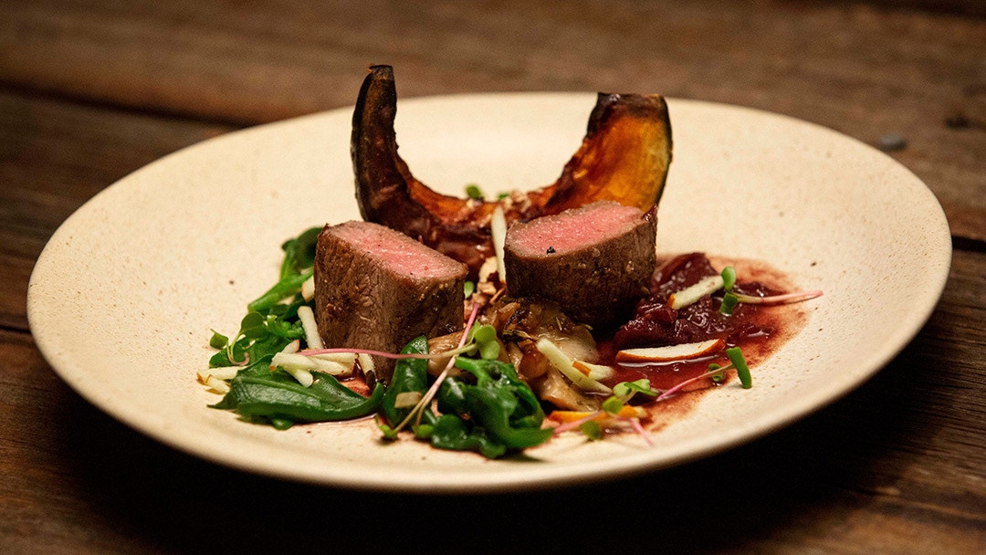 Lamb Backstrap with Pumpkin, Mushrooms, Warrigal Greens and Jujube Red Wine Reduction