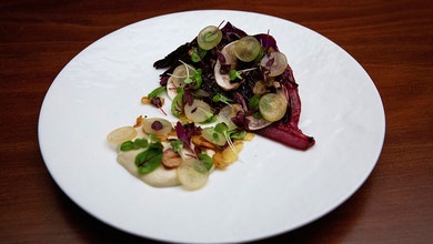 Fried Cabbage with Jerusalem Artichoke and Leek Cream