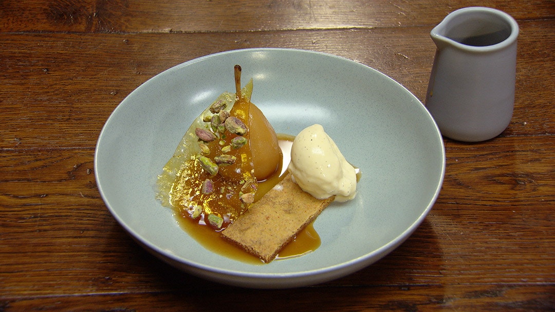 Earl Grey Poached Pears with Cardamom and Orange Ice Cream