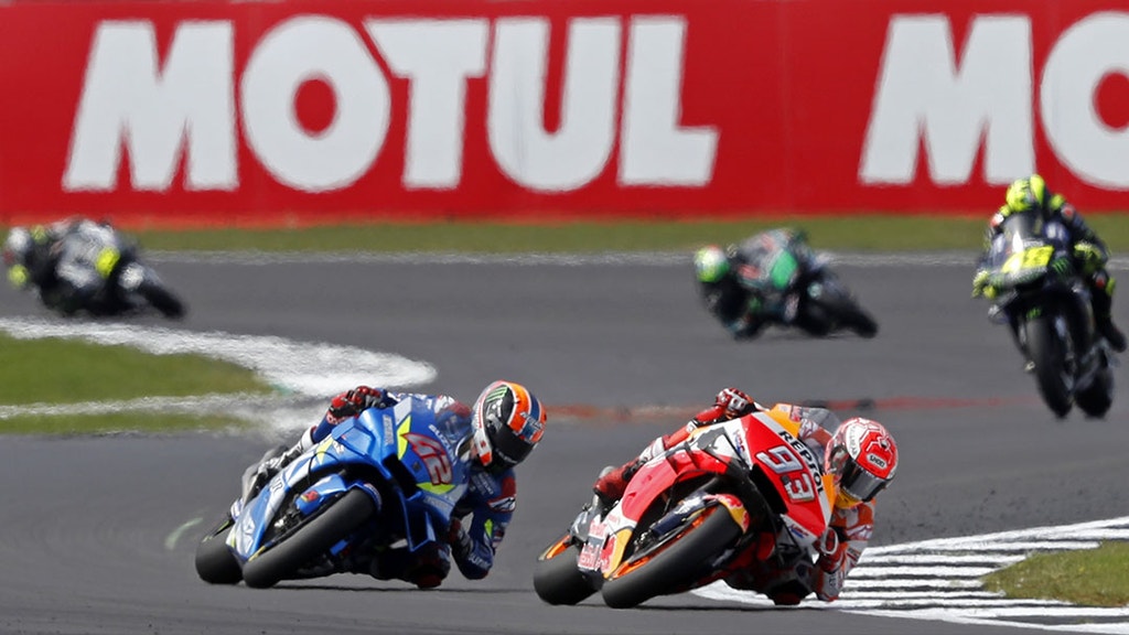 Marc Marquez leads from Spanish rider Alex Rins