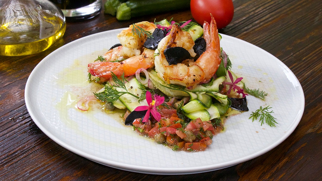Lemon Prawn, Zucchini & Dill Salad with Tomato & Caper Salsa