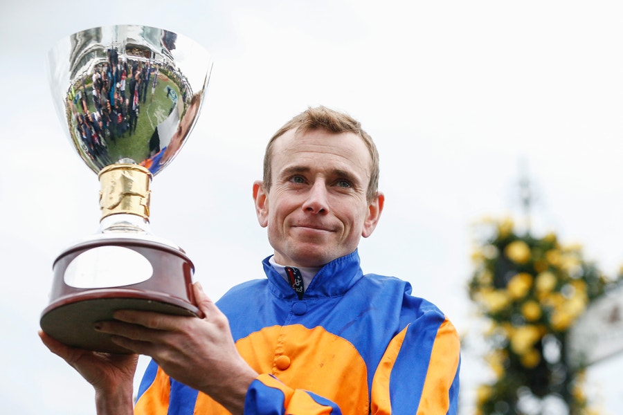 Ryan Moore with the Seppelt Stakes Trophy