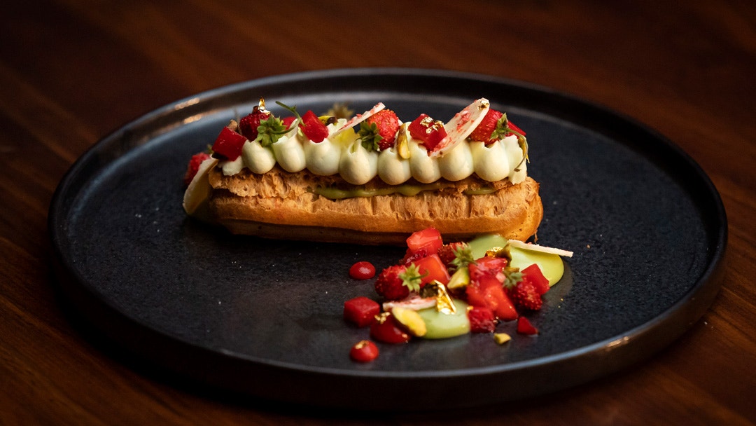 Pistachio and Strawberry Eclair