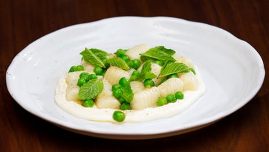 Gnocchi with Ricotta, Peas, Apple Caramel and Mint