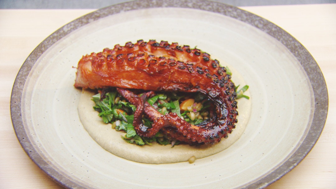 BBQ Octopus, Burnt Eggplant Yoghurt and Freekeh Tabouli