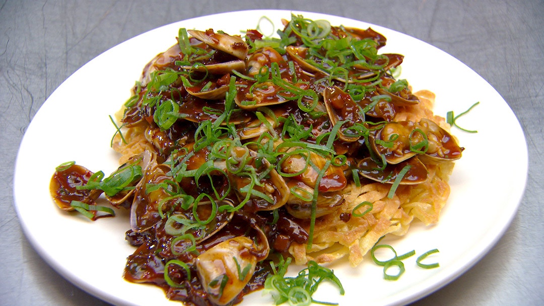 XO Pipis with Crispy Egg Noodles