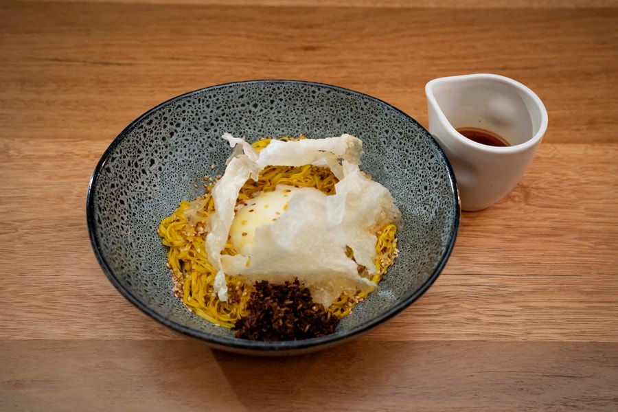 65-Degree Egg with Turmeric Noodles and Chilli Oil