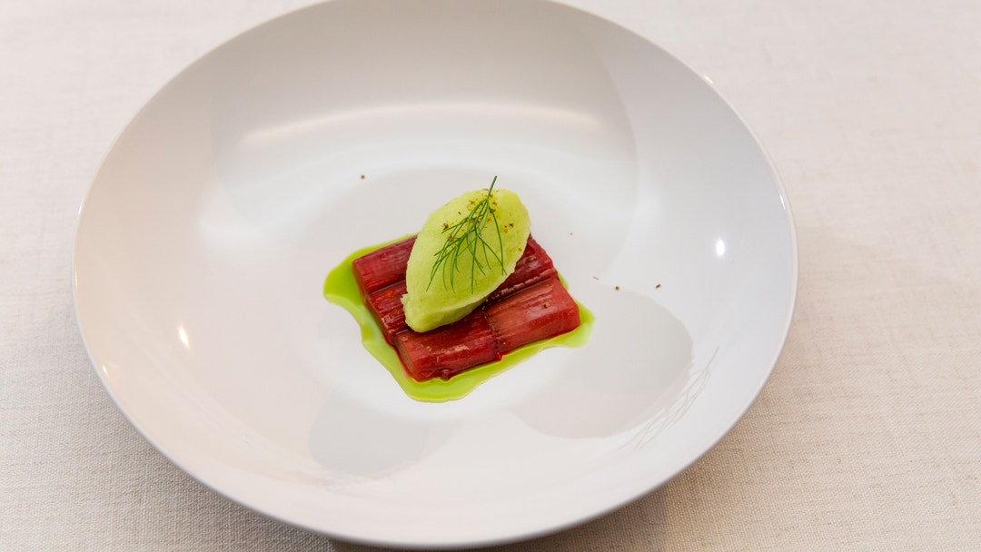 Apple and Fennel Sorbet with Rhubarb and Bay Leaf Oil